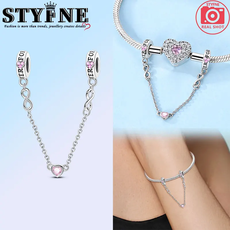 Hearts Love Beads 925 Sterling SilverPink Heart Infinity FORVER Safety Chains for Women's Jewelry DIY Pulseras Gift