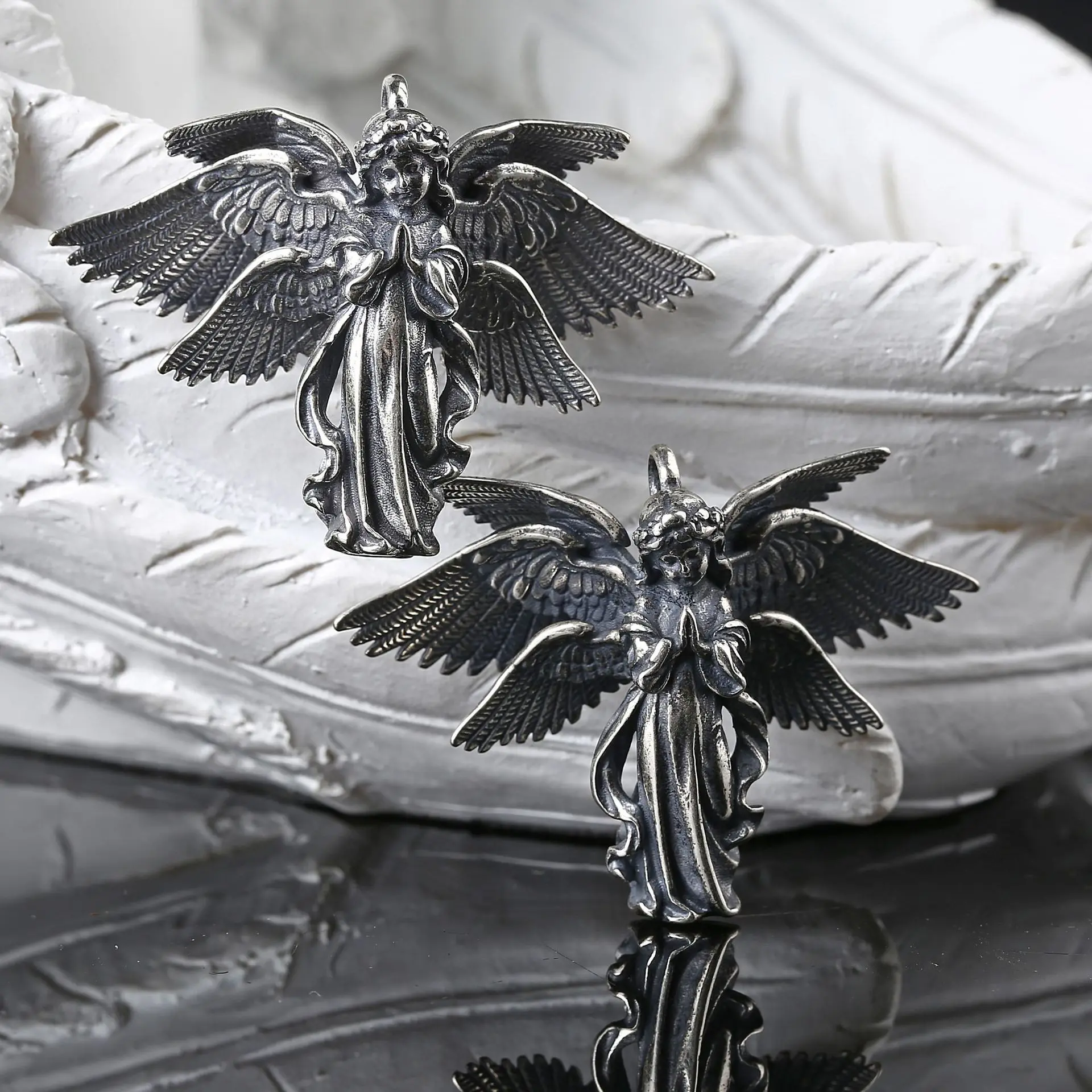 Vintage Silver Color Hand Carving Six Winged Angel Pendant