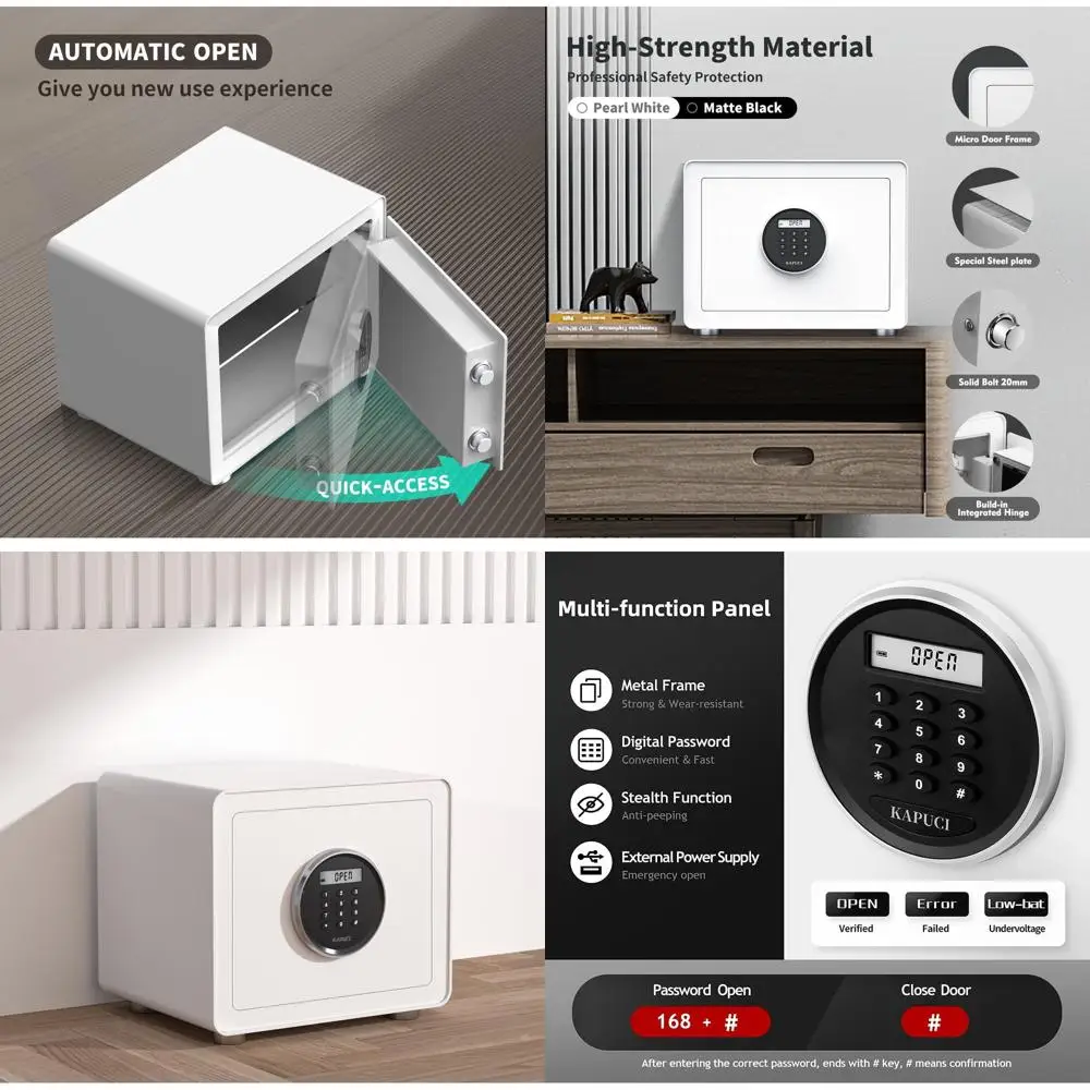 

Цифровой сейф с полной стальной обивкой, высокая степень безопасности для домашних гардеробов, спален, офисов, отелей (белый)