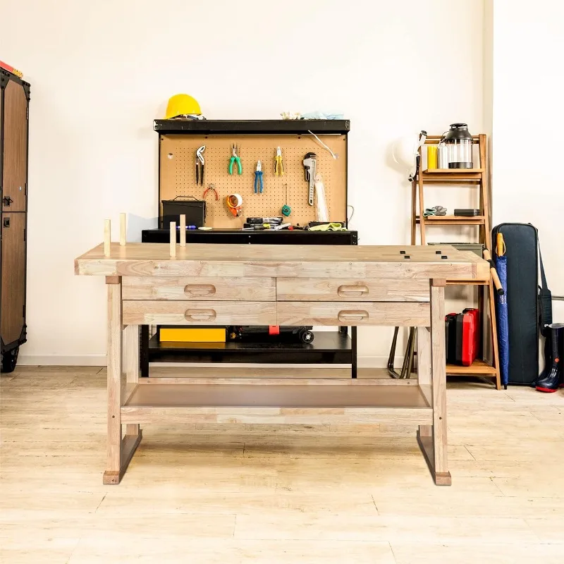 Wooden Workbench - Rubberwood Workbench with 4-Drawer, 450lbs Weight Capacity - Perfect Workbench for Garage, Workshop