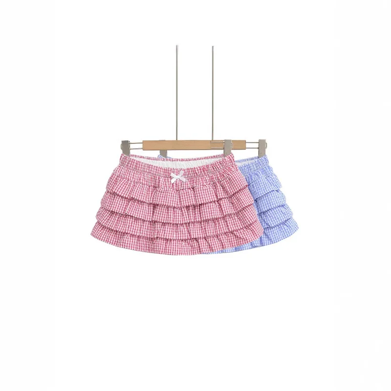 2025 Summer Women's Sweet Cool Plaid Ruffle Layered Shorts Low Waist Cake Hem Vibe