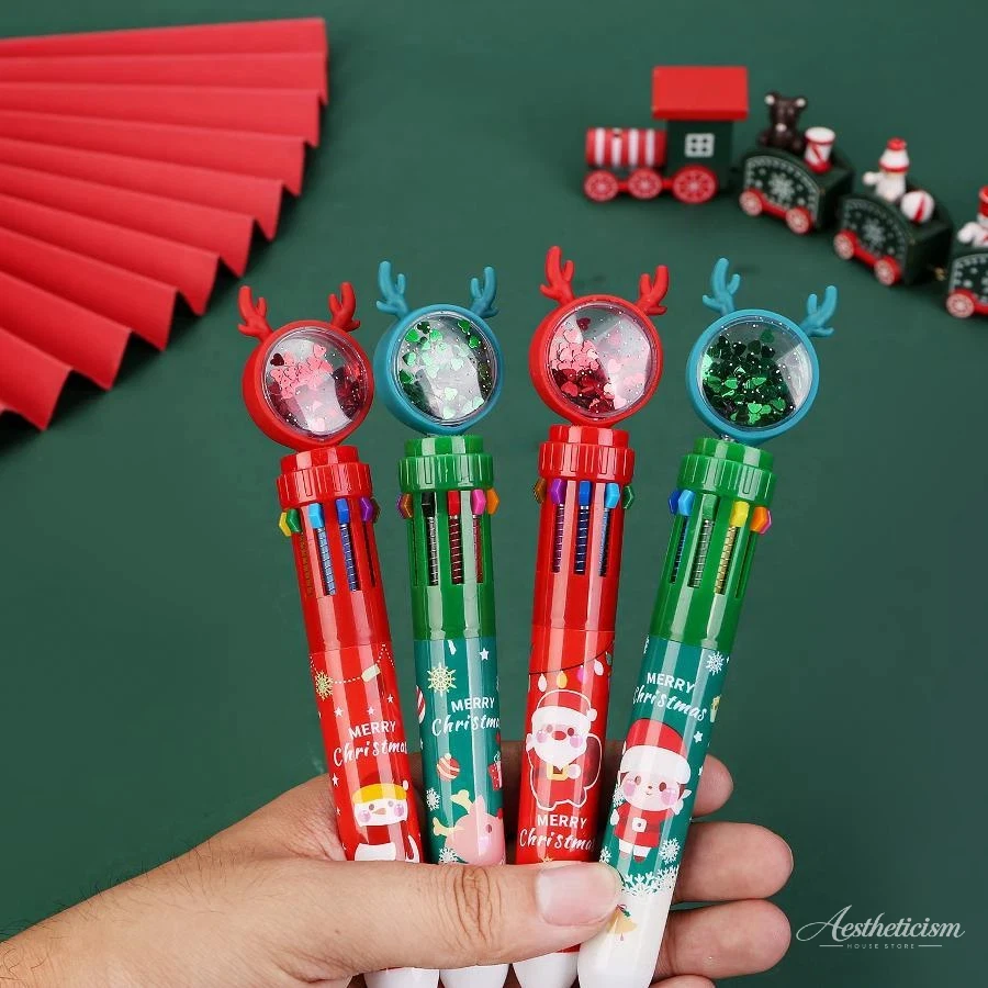 Christmas 10Color Shuttle Ballpoint Pen 0.5mm Santa Elk Snowman Cartoon Multicolor Click Pen Journal School Xmas Gift Stationery