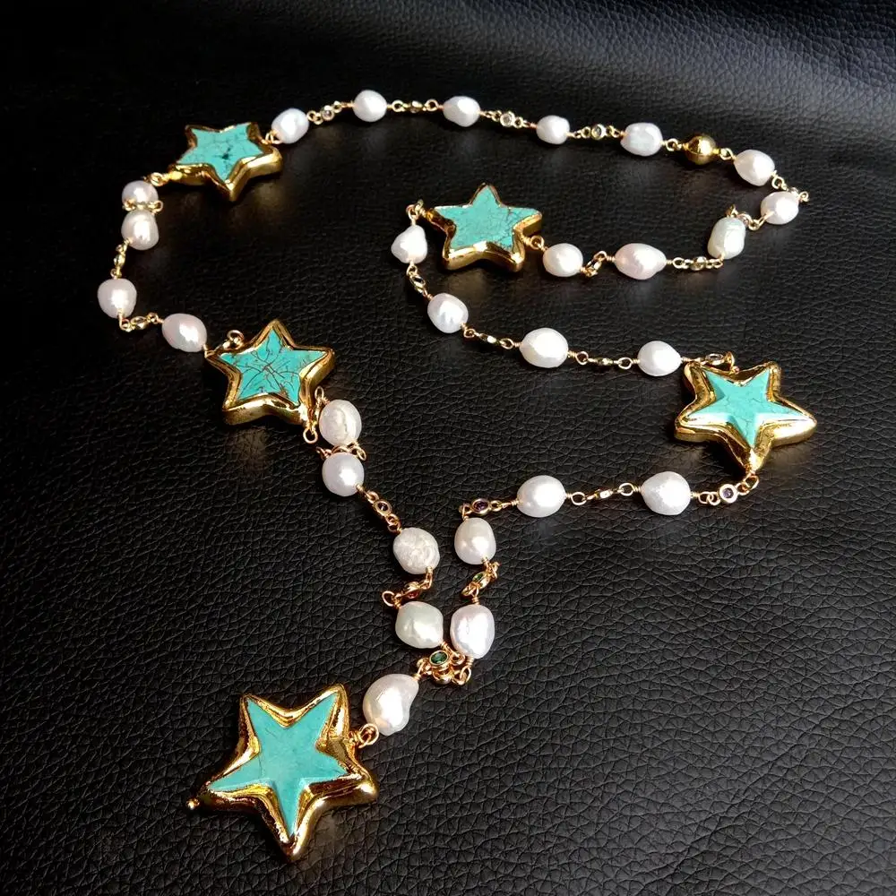 

yygem 30mm Blue Turquoise Star Cultured White Baroque Pearl Chain Necklace