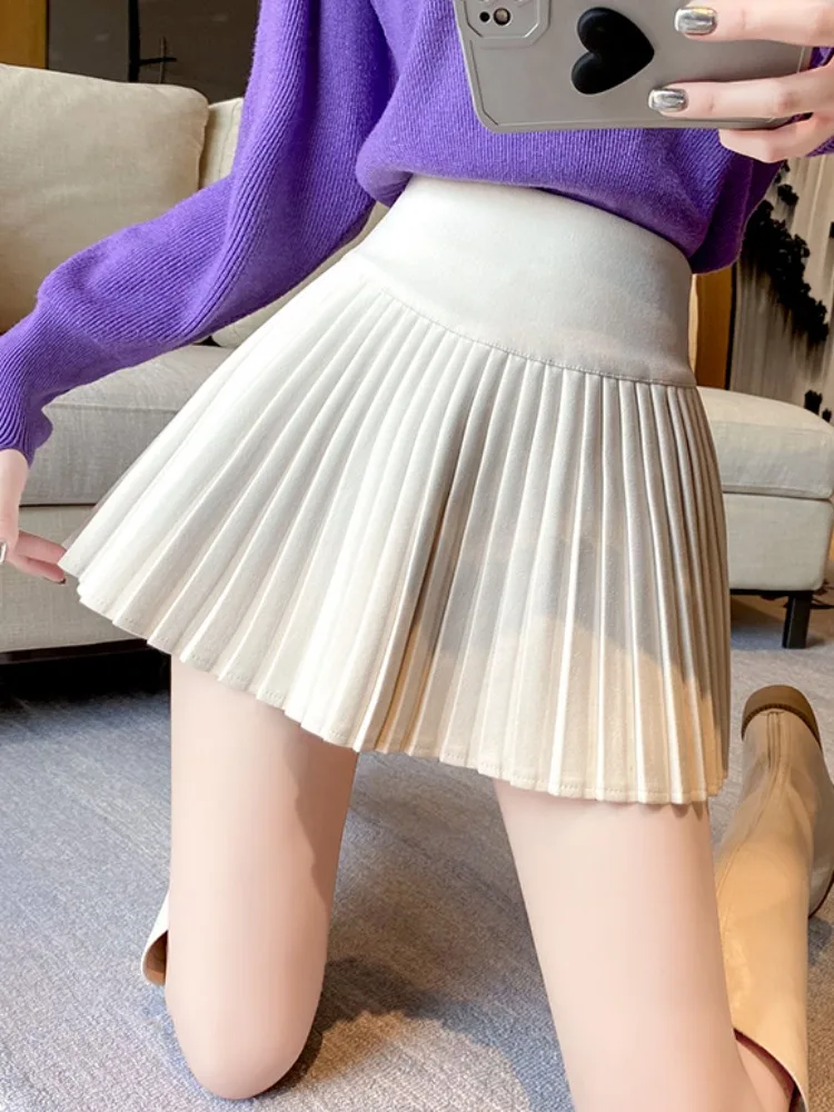 

High Waist Woolen Short Skirt Women's Anti-Light Casual Slimming Pleated Elegant Half Body Skirt A-Line Grepable Skirt