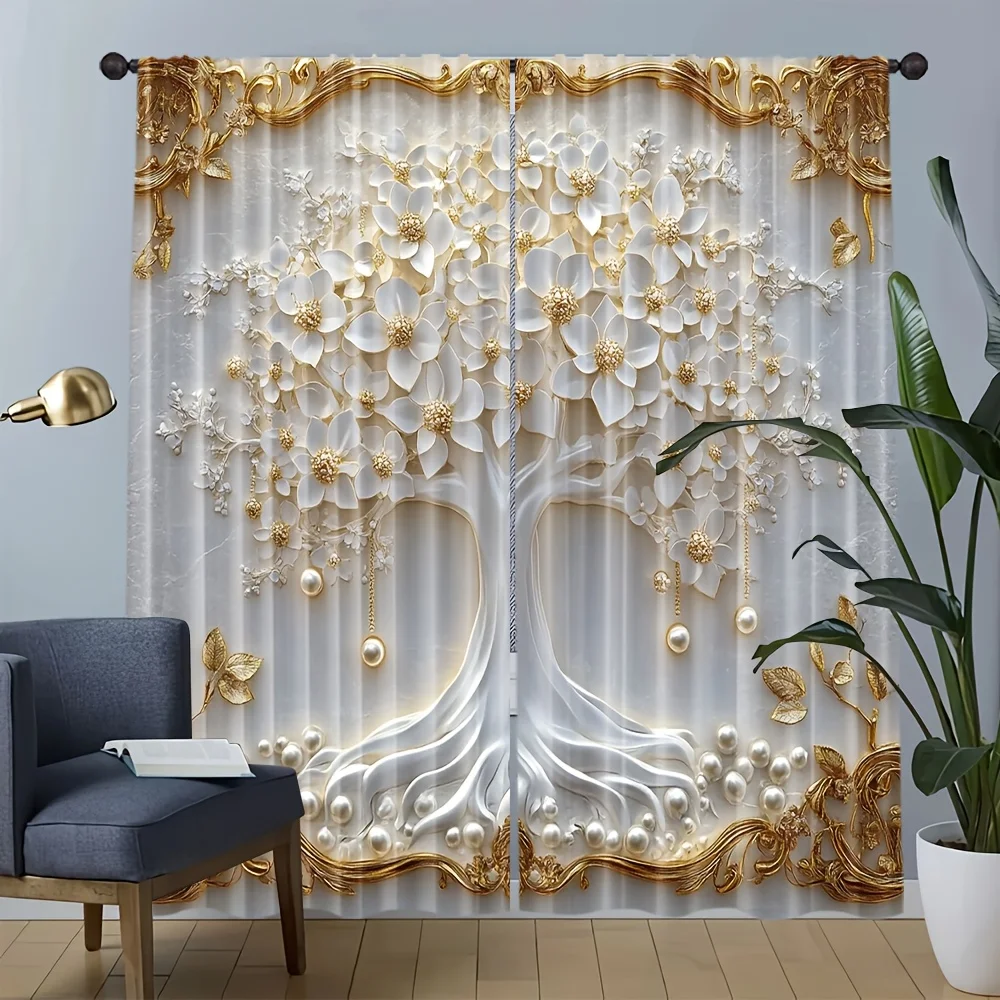 2 elegante Blumenvorhänge mit goldenen Akzenten, lichtfilterndes Stangentaschendesign, ideal für Wohnzimmer, Schlafzimmer, Küche und Arbeitszimmer