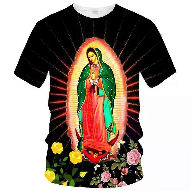 Men's Summer Fashion Guadalupe Virgin Mary 3D Printed T-shirt Round Neck Short Sleeve T-shirt Children's Classic Y2k Clothing