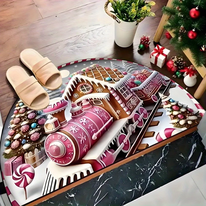 Pink Candy Gingerbread Train House Xmas Doormat for Kitchen Laundry Bathroom Indoor Washable rug Gifts