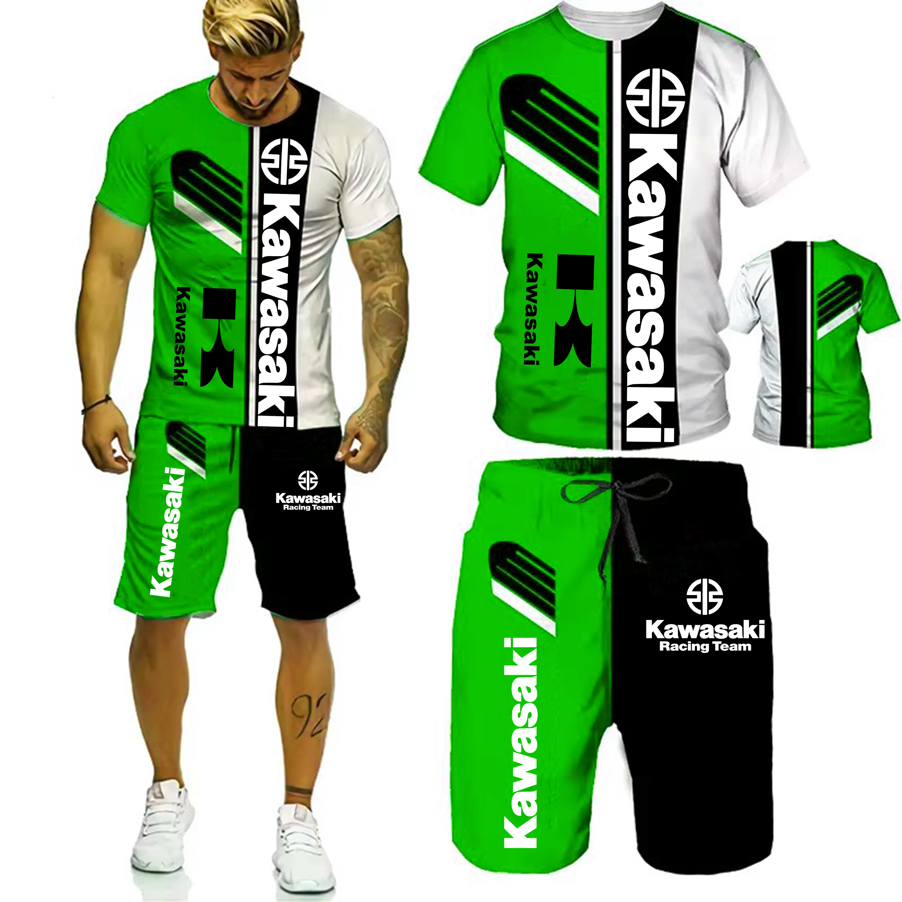 ฤดูร้อนใหม่ Kawasaki Racing 3D พิมพ์ผู้ชายเสื้อยืดกางเกงขาสั้นกีฬารอบคอแขนสั้นชุดผู้ใหญ่ Breathable 2 ชิ้นชุด