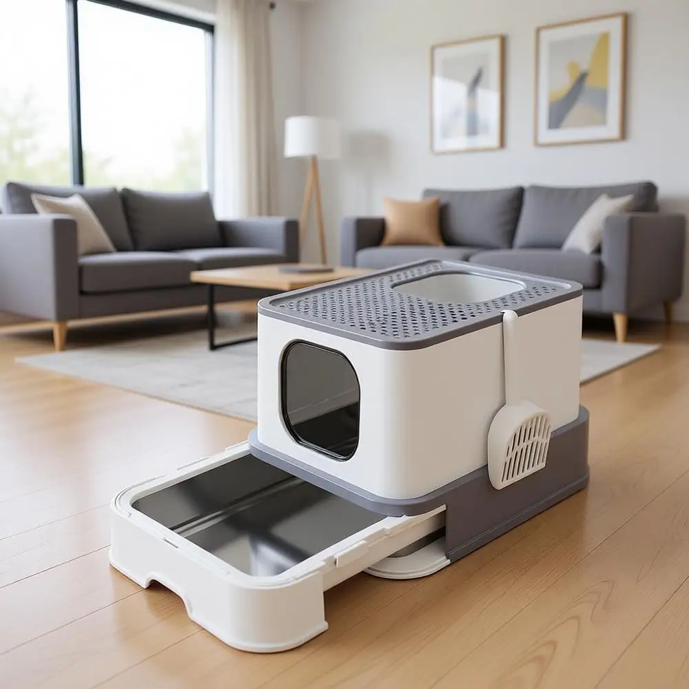 

Большой непромокаемый и без запаха лоток для кошек из нержавеющей стали - XL, серый