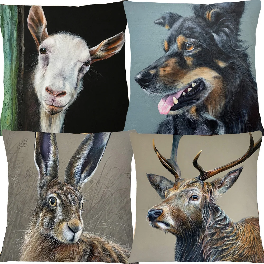 Hand Painting Animals Head Rabbit Deer Elk Goat Gorilla Cow Dog Printed Decorative Sofa Throw Pillow Case Cushion Cover