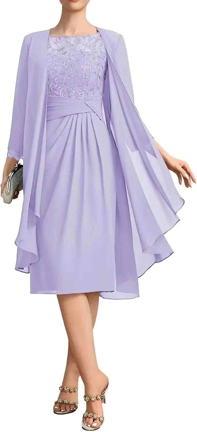 QMANSHA Maßgeschneidertes staubblaues Spitzen-Chiffon-Abendkleid in Knielänge für die Brautmutter mit geraffter Taille – Detail 24
