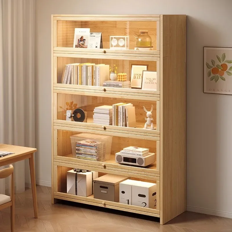 for All Solid Wood Dust-proof Bookcase Flip Door Design Household Wall Storage Locker Display Cabinet Multi-layer Household