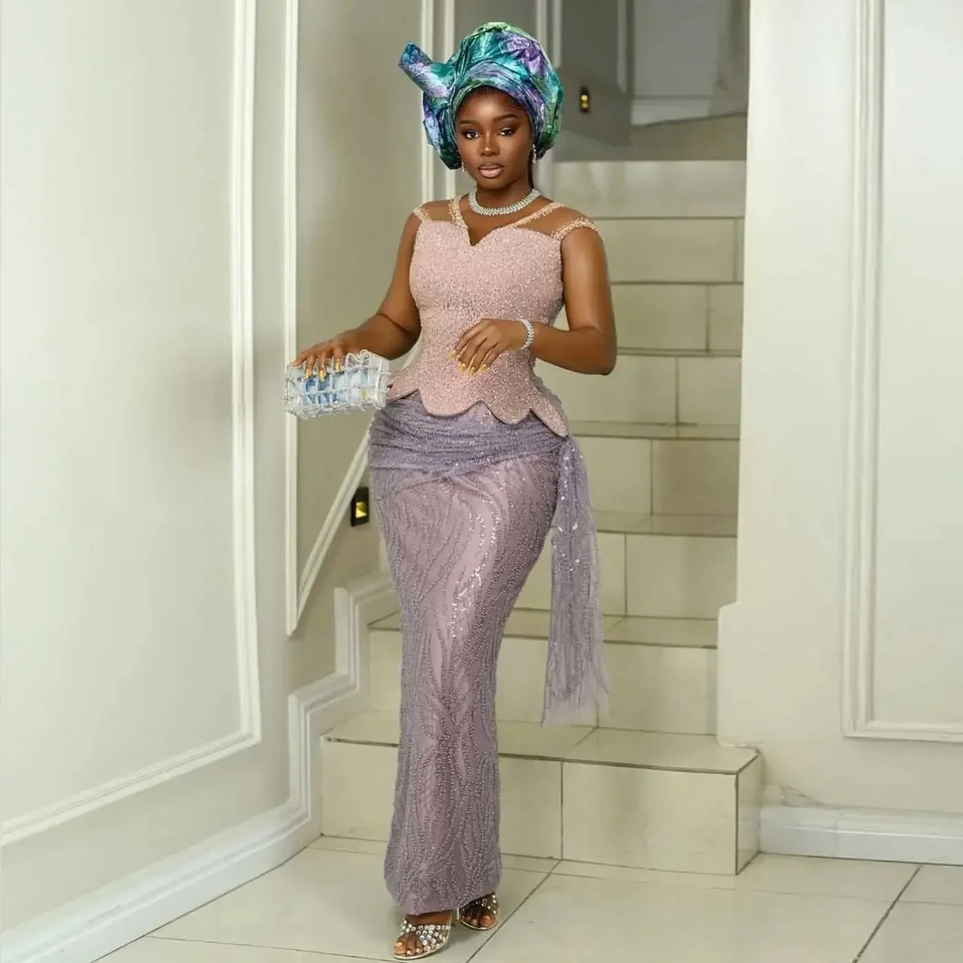 فستان سهرة فاخر من Aso Ebi بحورية البحر من الدانتيل والخرز الكريستالي للحفلات المسائية مثير برقبة على شكل حرف V بدون أكمام مناسبة رسمية فستان سهرة مخصص #2