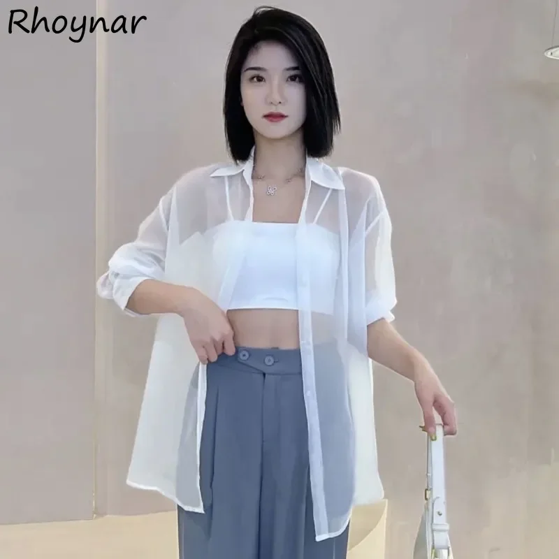 

Однотонная блузка женская летняя офисная женская прозрачная тонкая солнцезащитная одежда свободные шикарные топы корейская мода повседневная универсальная длинная одежда