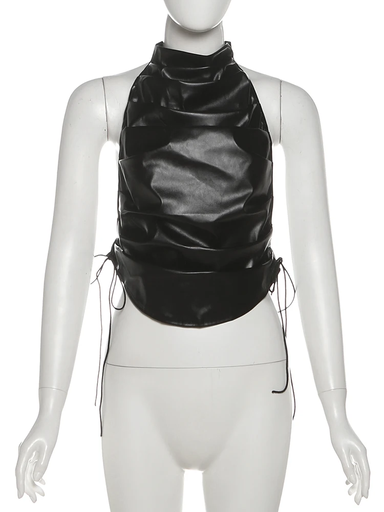 Dziewczęce topy na ramiączkach z imitacji skóry PU w stylu Y2K z dziwnymi marszczeniami, bez rękawów, z bandażami, odkrytymi plecami, wiązane na szyi, w stylu hip-hop, seksowne, nocne topy.