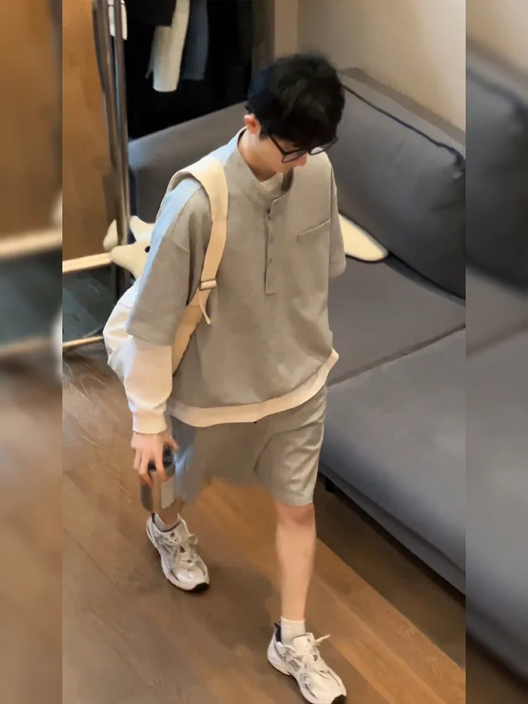 

Cool Haome Men's Summer irt ort Sve Stand Collar Casual Sport orts Set Spring Season Youth Teenager Outfit