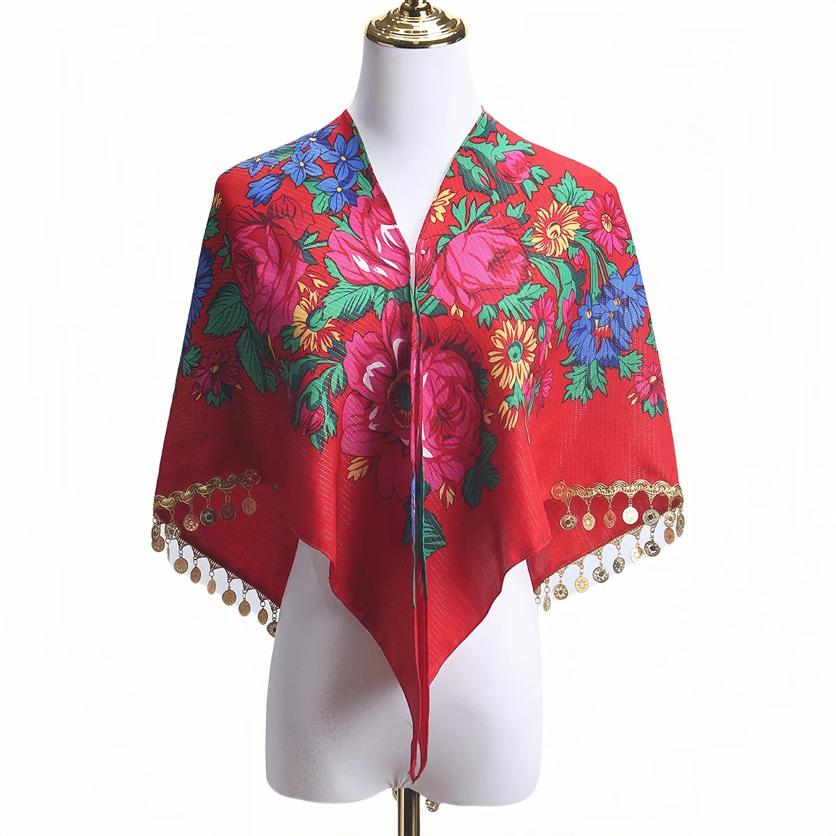 Sparkling Golden Pieces Tassel Shawl Luxury Floral Print Triangle Scarf Lady Pareo Bandana Headband Scarves Female Head Wraps view 2