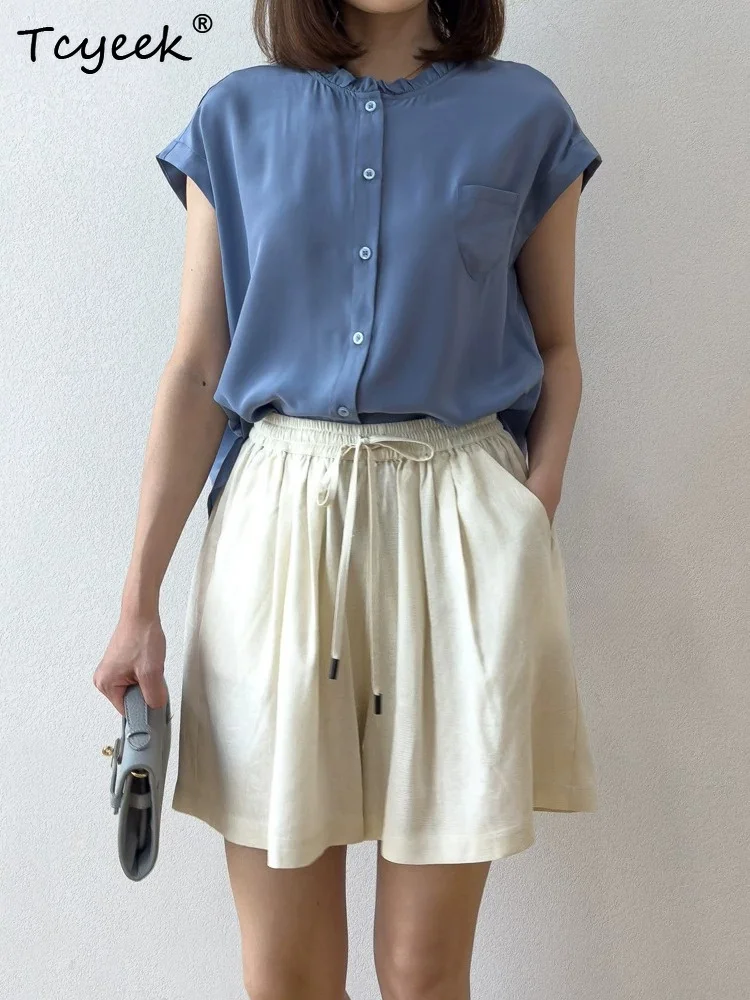 

Tcyeek 100% Real Mulberry Silk Elegant Shirts for Women Summer Clothes Womens Tops Short Sleeve Soild Color 2026 Блузка Женская