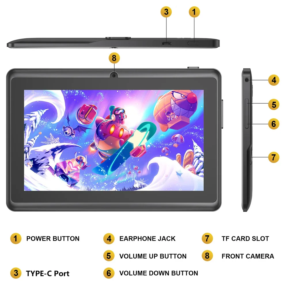 ขายร้อน 7 นิ้วเด็กแท็บเล็ต Quad Core Android 13 4GB RAM 64GB ROM WiFi บลูทูธการศึกษาซอฟต์แวร์ติดตั้งแท็บเล็ต Type-C
