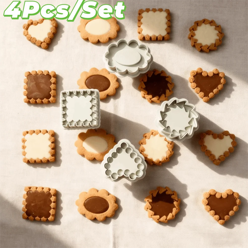 4 Piece Hand Press Jam Sandwich Flowers Cookie Cutter Three-dimensional Spring-loaded Die Design Biscuit Mold DIY Plastic