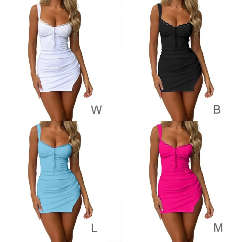 Lace Stitching Short Dress V-neck Suspender Dress Hottie Streetwear Side Slit Design Slim Fitting Sexy Bodycon Dress