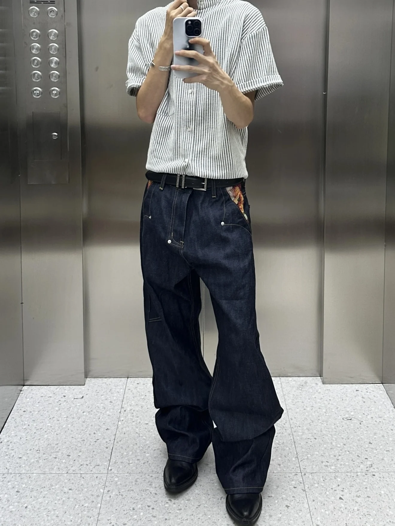 American Denim Blue Floral Embroidery Straight Leg Casual Loose Men's Jeans Hiphop Style Summer Long Trousers