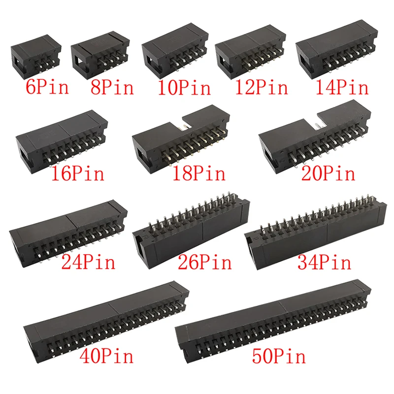 10Pcs DC3 2.54mm Pitch 6/8/10/12/14/16/18/20/24/26/30/40/50 Pin Double Row Male Socket Straight IDC Box Header DIP PCB Connector