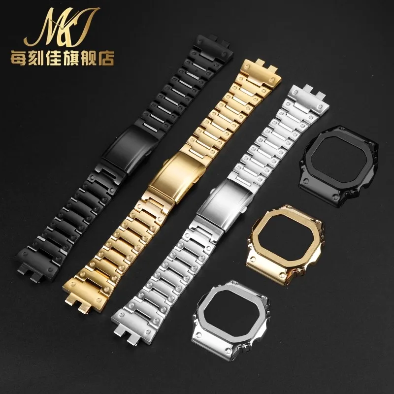 Stainless steel watch strap set For Casio G-SHOCK 3459 GMW-B5000 soild metal black silver blue gold Watchband case Watch Chain