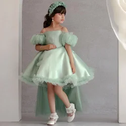 Fashion Sage Green Flowers Girl Dress for Wedding Off the Shoulder High-Low Length Baby Birthday Party First Communion Dress
