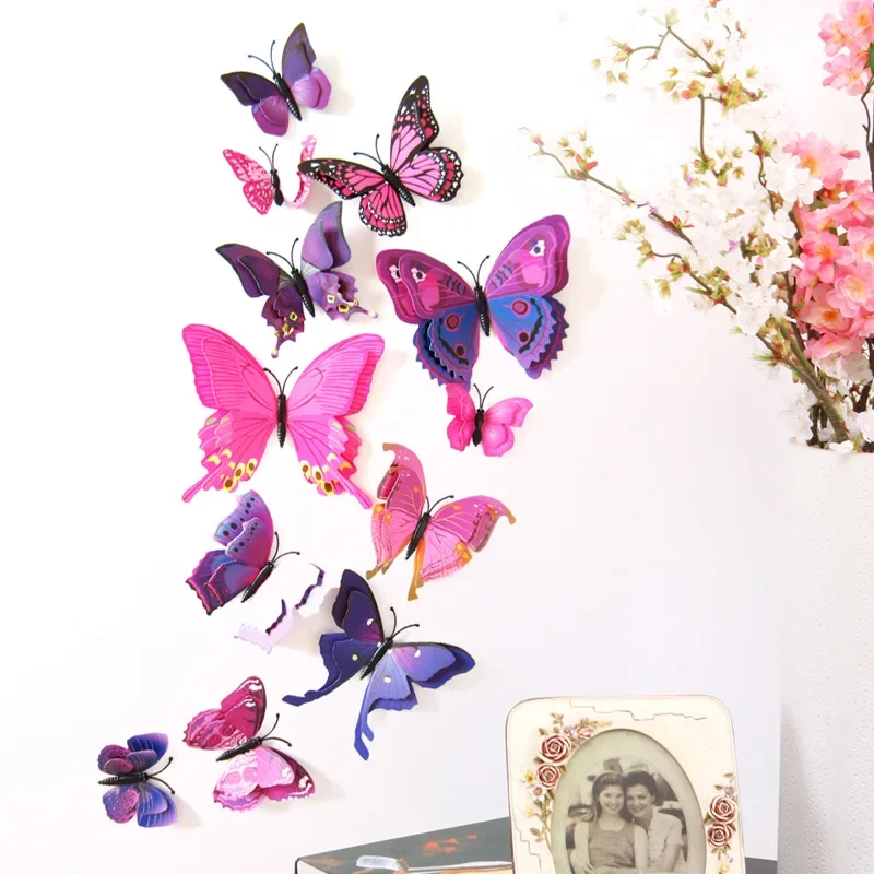 12pcs Double Layer Butterfly with Pin Curtain Home Decor 3D Butterfly Shaped Room Sticker Pin Wall Clothe Brooch