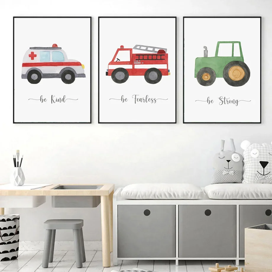 Cartoon Car Excavator Ambulance Fire Truck Mixer Wall Art Canvas Painting Posters And Print Pictures Baby Kids Room Home Decor