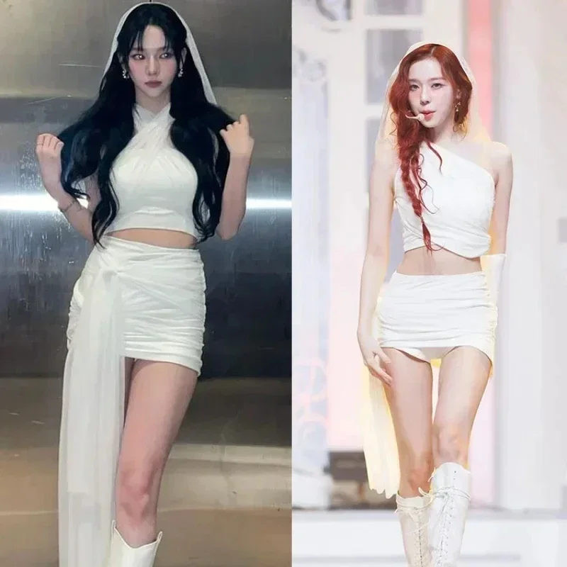 2025 Kpop Korean Singer Jazz Dance Costume White Crop Tops Irregular Short Skirt Stage Performance Clothing Nightclub Outfits