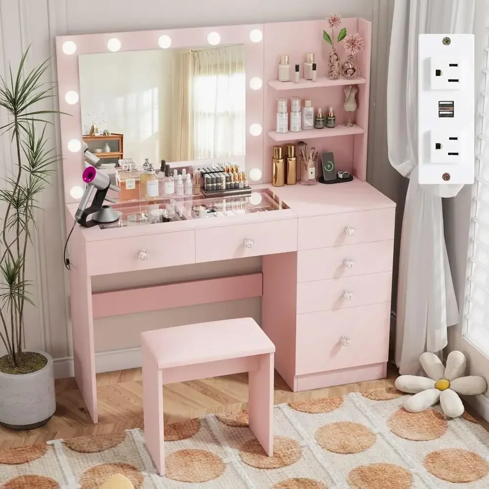 47 Makeup Vanity Desk with Glass Top, Outlets, Storage Shelves, Mirror, 3-Color Lighting, Dimmer, Pink