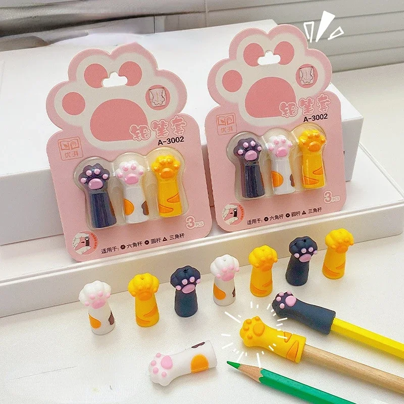 3pcs Cute Cat Paw Pencil Cap Set Silicone Touch Pen Cover for Multiple Shapes Stationery School Student Office Supplies Kid Gift