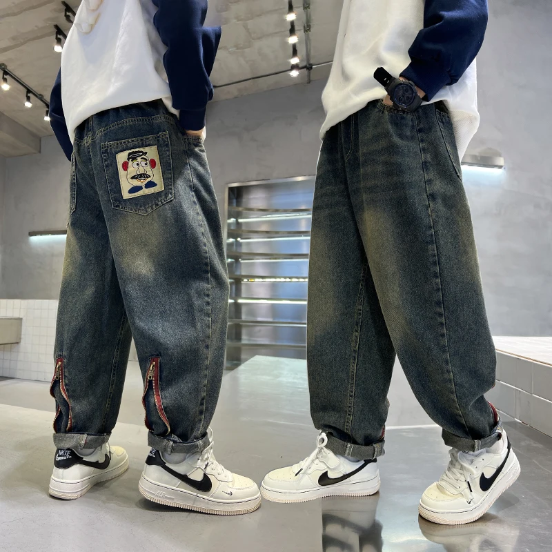 Kids Boy Loose Retro Washed Baggy Jeans with Zipper Bottom Child Cartoon Straight Denim Pants Multi-Pocket Jeans Trousers 5-14T