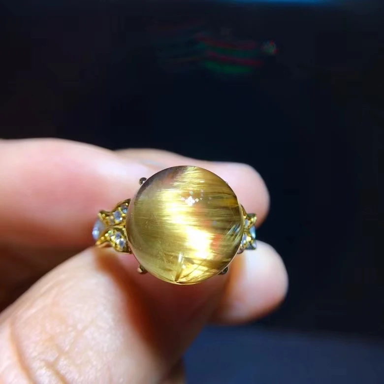 Natural Gold Rutilated Quartz Adjustable Ring 925 Silver Round Women Ball 12.2mm Yellow Rutilated Beads AAAAAA