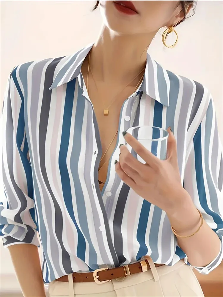 Fashion Luxury Women's Shirts Tops Texture Striped Print Women's Shirts Spring New 2025 Long Sleeve Women Business Office Shirt