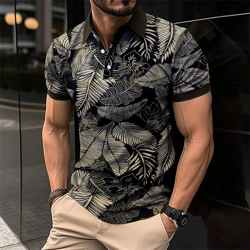 Colorful Striped Pattern Polo Shirt For Men Exquisite Leaves 3D Printed T-Shirts Fashion Casual Loose Street Lapel Tops Tees