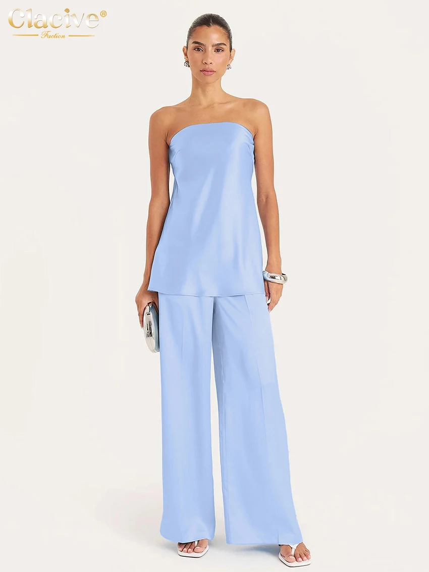 

Clacive Summer Loose Blue Satin Women Two Pieces Set Sexy Sleeveless Tank Top With High Waist Wide Pants Set Female Streetwear