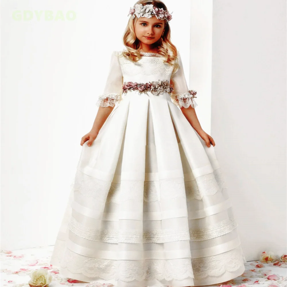 White Simple First Communion Flower Girl Dress Lace Half Sleeves Toddler Birthday Party Princess Beauty Pageant Prom Ball Gowns