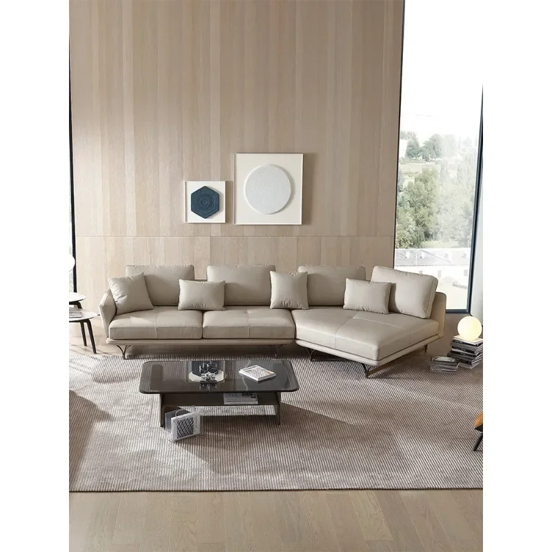 Italian minimalist villa corner leather sofa, modern light luxury three-person sofa combination