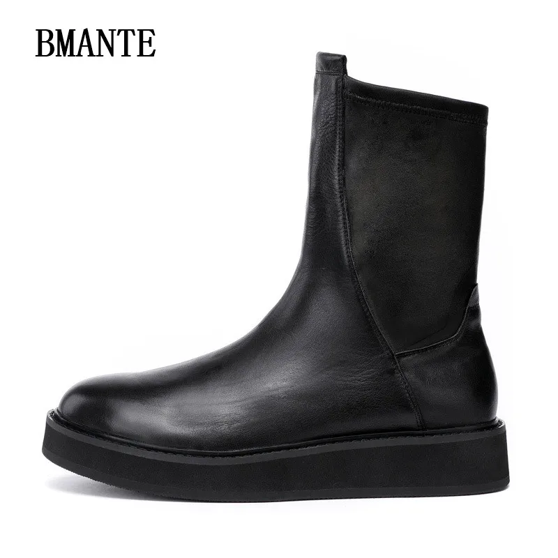 Bmante Genuine Leather Men Shoes Luxury Trainers Male Adult Ankle Boots Casual Lace-up Flatform Black Sneakers Gothic Owen Seak