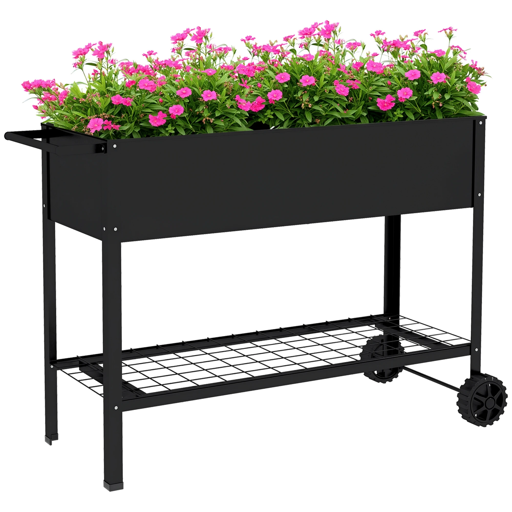 Outsunny Fioriera per ortaggi su piedistallo basso. Scaffale 109L x 39L x 80H cm con 2 ruote + inserto per irrigazione in metallo nero