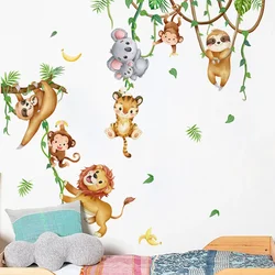 Forest Animal Lion Sloth Monkey Branches Leaf Watercolor Wall Stickers for Girl Kids Room Baby Nursery Wall Decals Home Decor