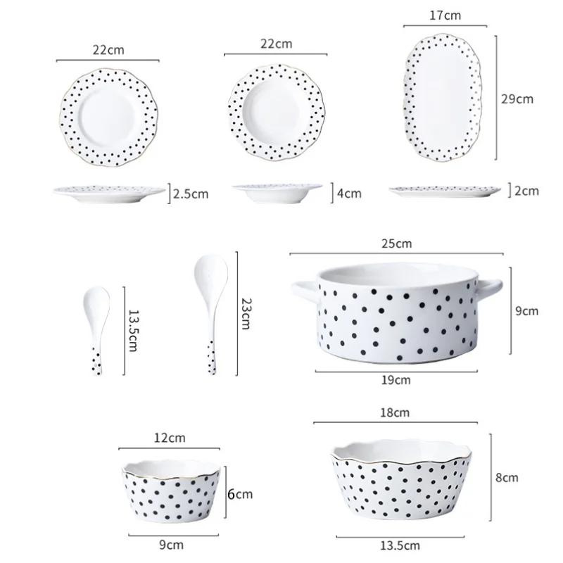 Creative Black and White Spotted Ceramic Tableware Set Porcelain Dinner Plate Soup Bowl Salad Bowl Fish Plate Kitchen Utensils