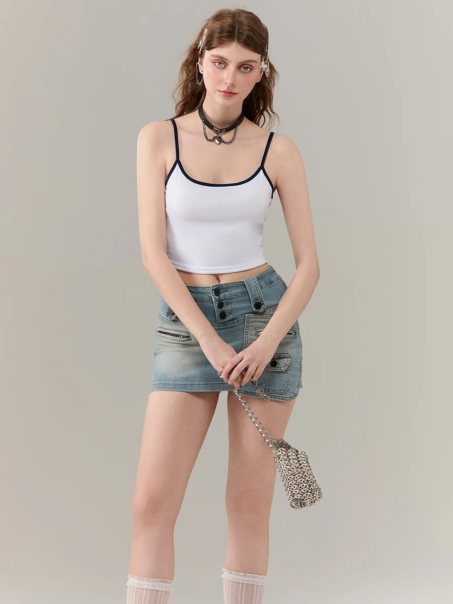 New Fashion Womens Summer Cute Camisole Contrast Trim Spaghetti Strap Scoop Neck Show Navel Slim Vest Hot Sale S M L