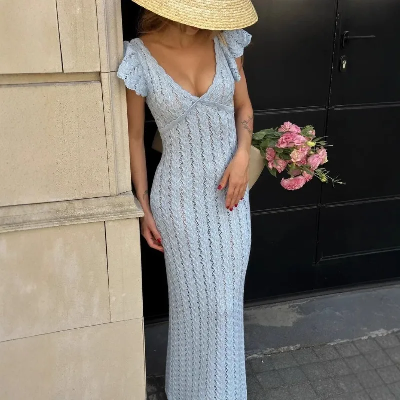 

Elegant Women Slim Hollow Out Striped Maxi Knitted Dress V Neck Ruffles Short Sleeve Dress Woman Spring Summer Sweet Chic Sexy