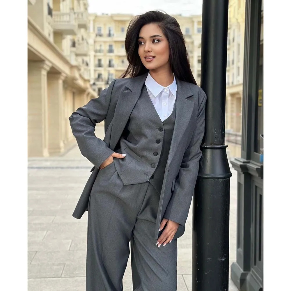 Formal Dark Grey Women Suits Single Breasted Notch Lapel Slim Fit Female 3 Piece Jacket Pants Vest Office Lady Outfits Blazer