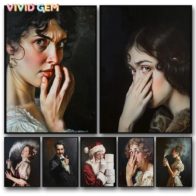 Vintage Toilet Stinky Bathroom Woman and Man Portrait Poster Guest Bathroom Canvas Painting Wall Art Humor Restroom Home Deco