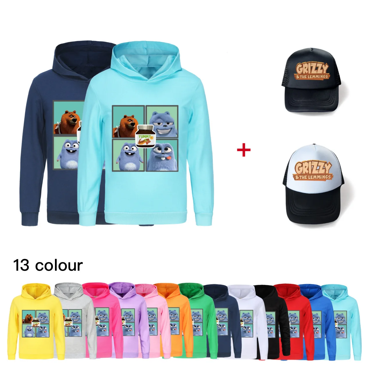 Grizzy and The Lemmings Hoodies Kids Cartoon Grizzy Bear Clothes Boys Casual Pullovers Sweatshirts &sunhat Girls Hoody Outerwear
